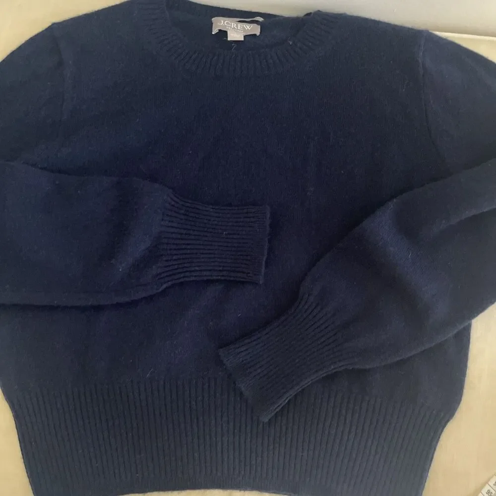 J. Crew 100% Cashmere shrunken Crop Fit crewneck Navy Blue sweater S